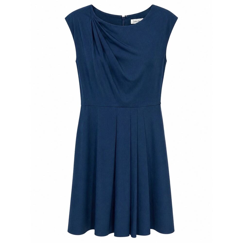 Calvin Klein Dress Womens 10 Navy Sleeveless Fit Flare Cocktail Work Quiet Luxe